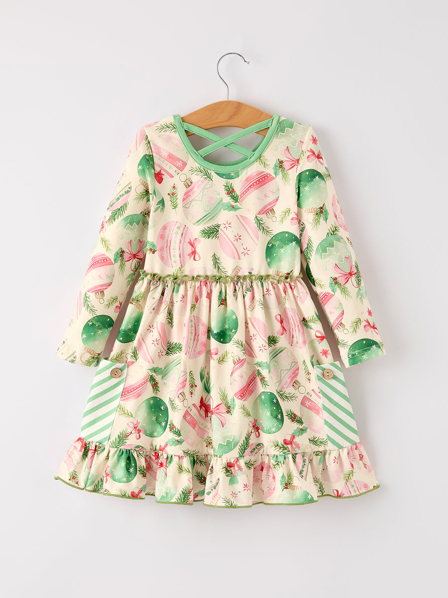 Winter Christmas Green Girls Pocket Dress