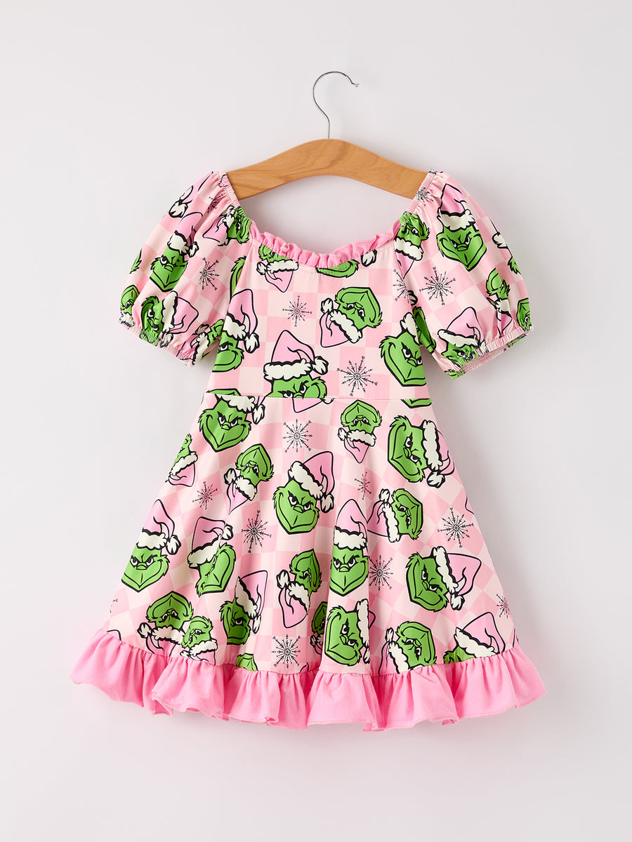 Winter Pink Christmas Character Ruffle Girls Dress