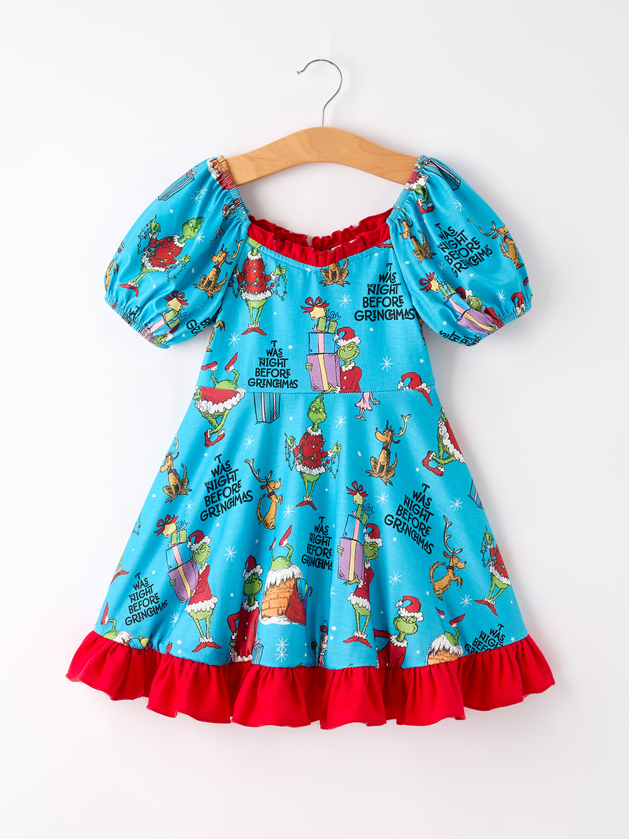 Winter Blue Christmas Tree Character Ruffle Girls Dress