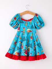 Winter Blue Christmas Tree Character Ruffle Girls Dress