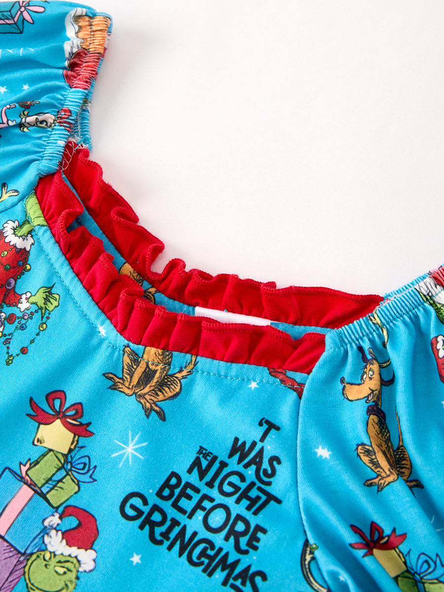 Winter Blue Christmas Tree Character Ruffle Girls Dress