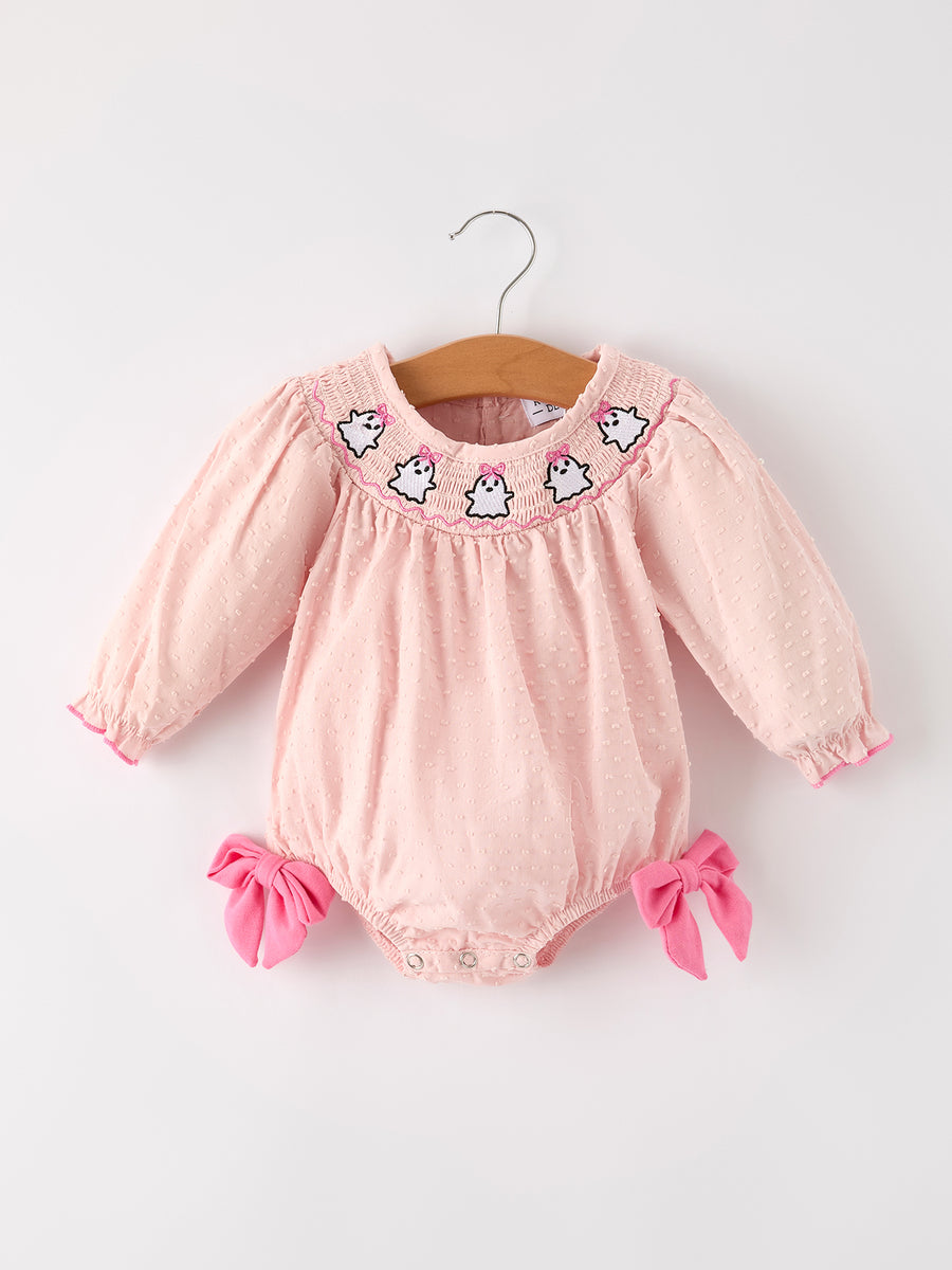 PREORDER Autumn Halloween Light Pink Ghost Embroidery Smock Floral Girls Romper