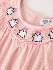 PREORDER Autumn Halloween Light Pink Ghost Embroidery Smock Floral Girls Romper