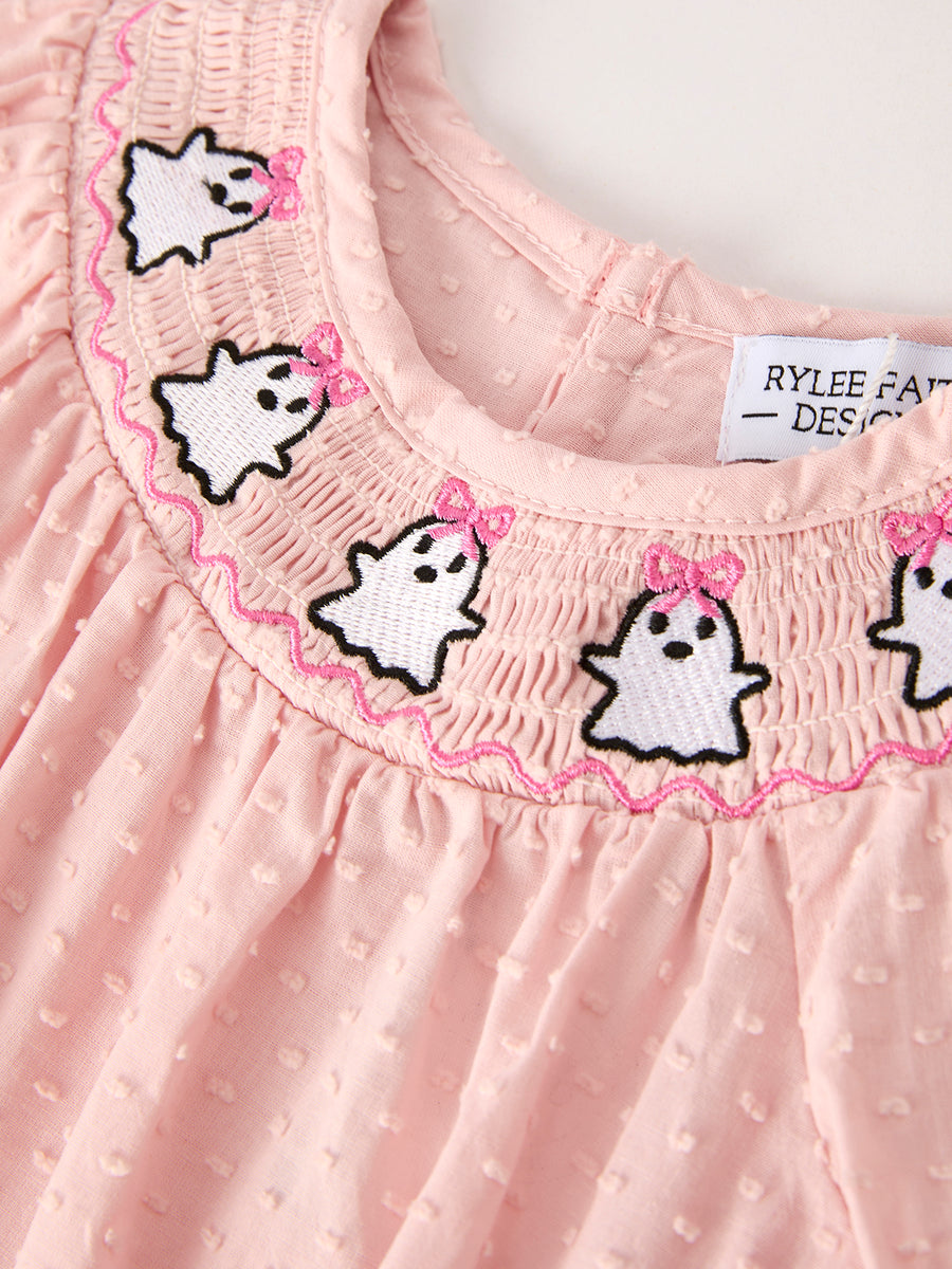 PREORDER Autumn Halloween Light Pink Ghost Embroidery Smock Floral Girls Romper