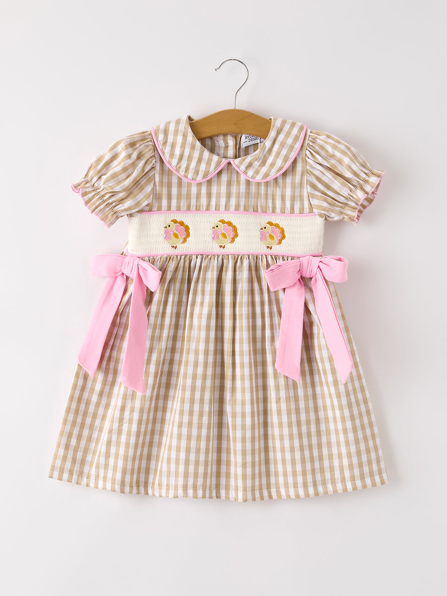 PREORDER Fall Thanksgiving Lapel Plaid Chick Embroidery Smocking Bow Baby Girls Dress