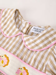 PREORDER Fall Thanksgiving Lapel Plaid Chick Embroidery Smocking Bow Baby Girls Dress