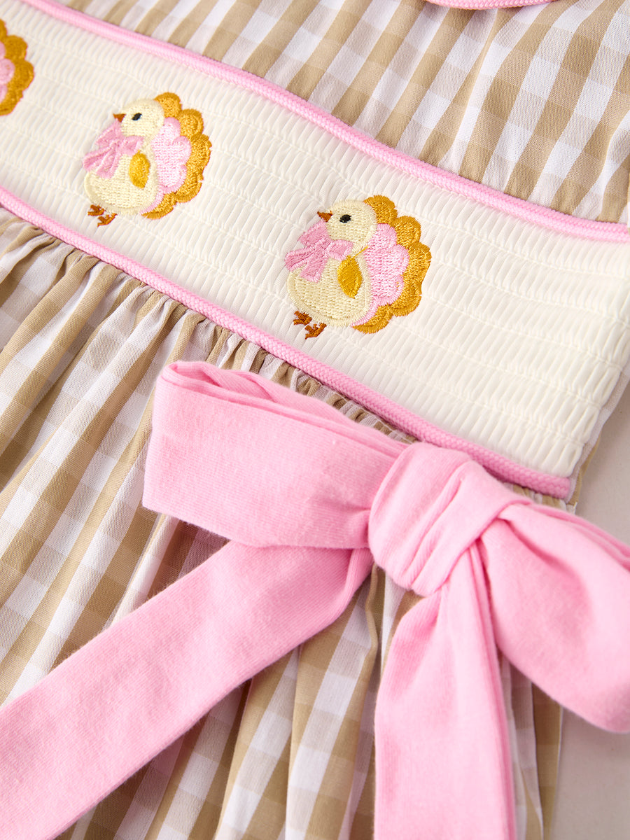 PREORDER Fall Thanksgiving Lapel Plaid Chick Embroidery Smocking Bow Baby Girls Dress