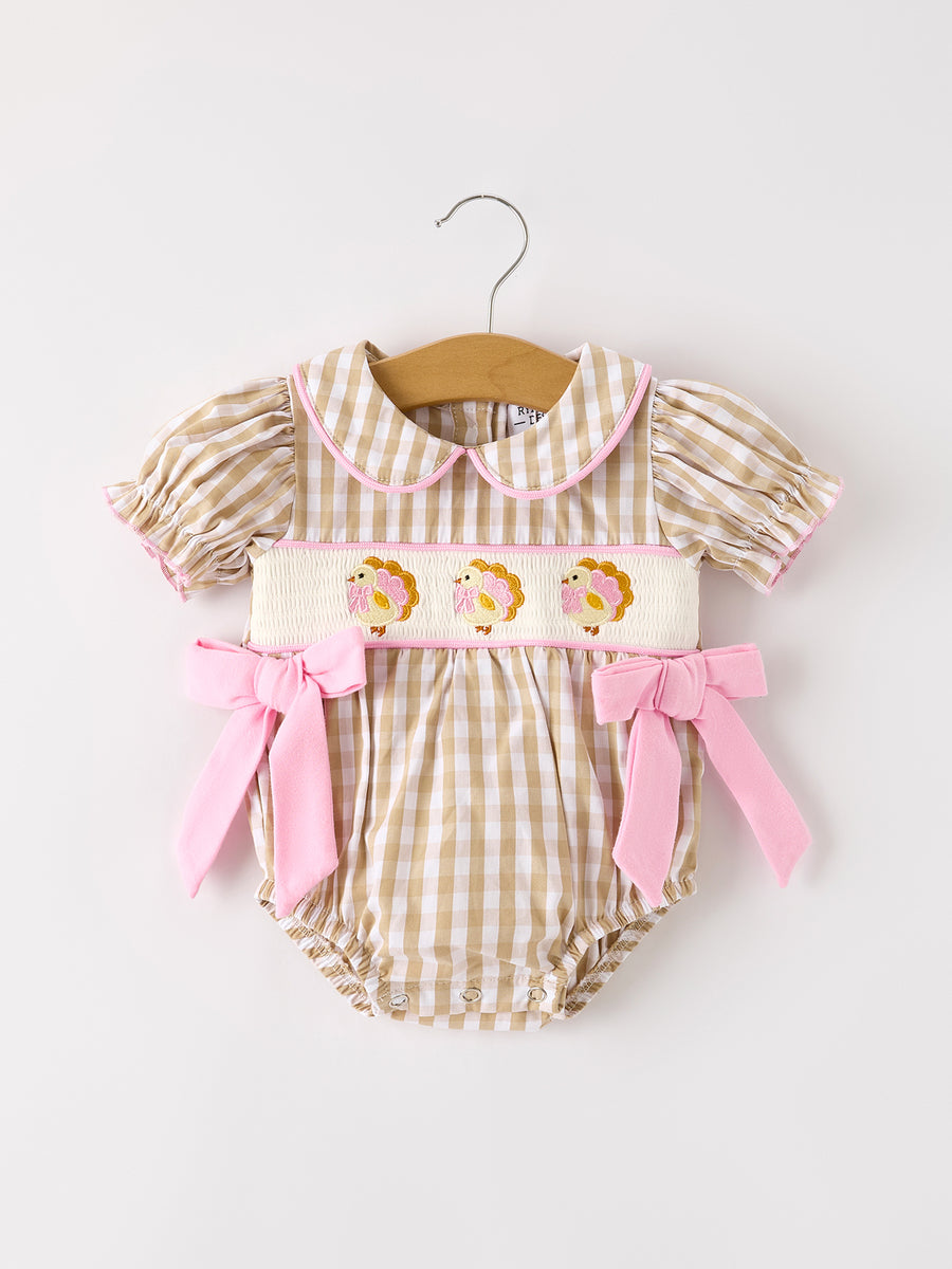 PREORDER Fall Thanksgiving Lapel Plaid Chick Embroidery Smocking Bow Baby Girls Romper