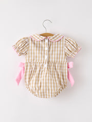 PREORDER Fall Thanksgiving Lapel Plaid Chick Embroidery Smocking Bow Baby Girls Romper