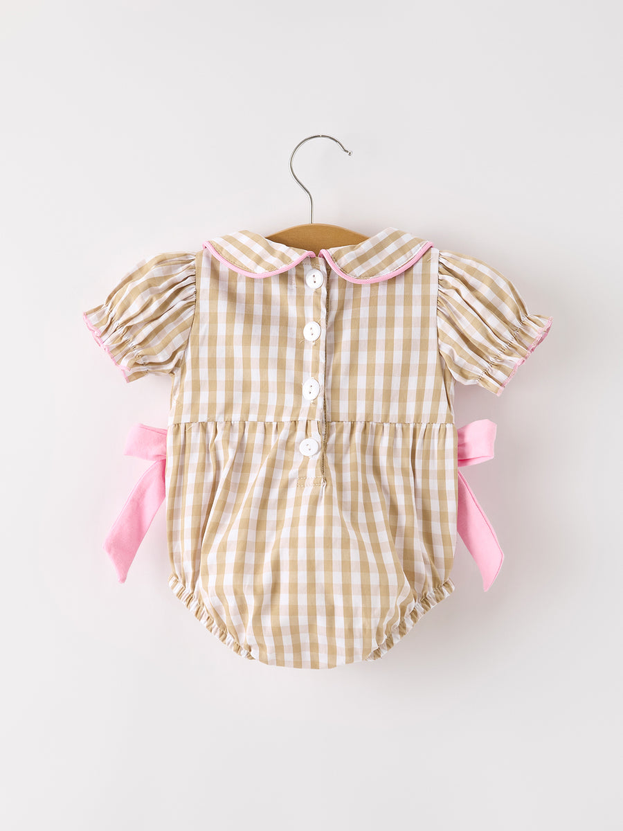 PREORDER Fall Thanksgiving Lapel Plaid Chick Embroidery Smocking Bow Baby Girls Romper