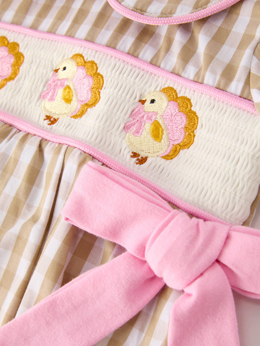 PREORDER Fall Thanksgiving Lapel Plaid Chick Embroidery Smocking Bow Baby Girls Romper