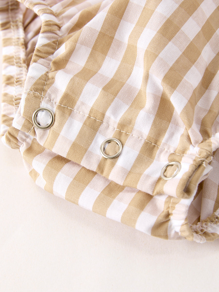 PREORDER Fall Thanksgiving Lapel Plaid Chick Embroidery Smocking Bow Baby Girls Romper