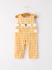 Autumn Thanksgiving Yellow Plaid Turkey Pumpkin Embroidery Smock Boys Romper
