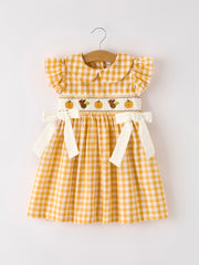 Autumn Thanksgiving Yellow Plaid Turkey Pumpkin Embroidery Smock Girl Dress