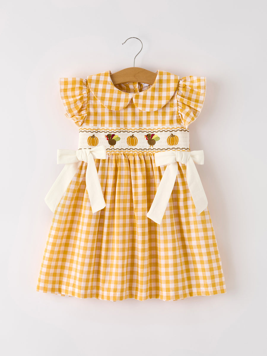 Autumn Thanksgiving Yellow Plaid Turkey Pumpkin Embroidery Smock Girl Dress