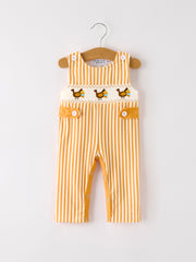 Fall Thanksgiving Chicken Smock Embroidered Orange Stripes Boys Romper