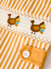Fall Thanksgiving Chicken Smock Embroidered Orange Stripes Boys Romper