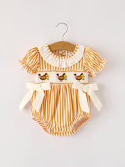 Fall Thanksgiving Chicken Smock Embroidered Orange Stripes Baby Girl Romper