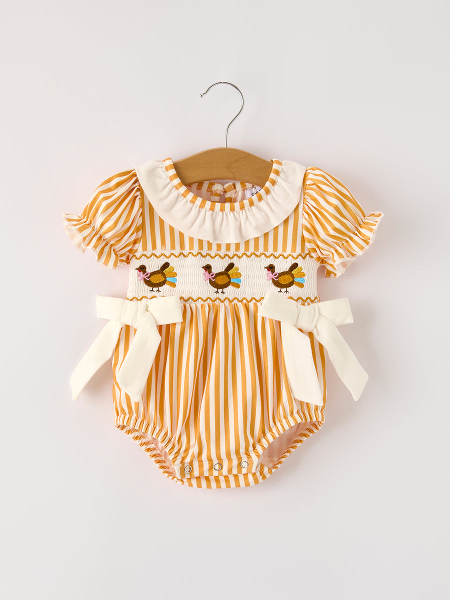 Fall Thanksgiving Chicken Smock Embroidered Orange Stripes Baby Girl Romper