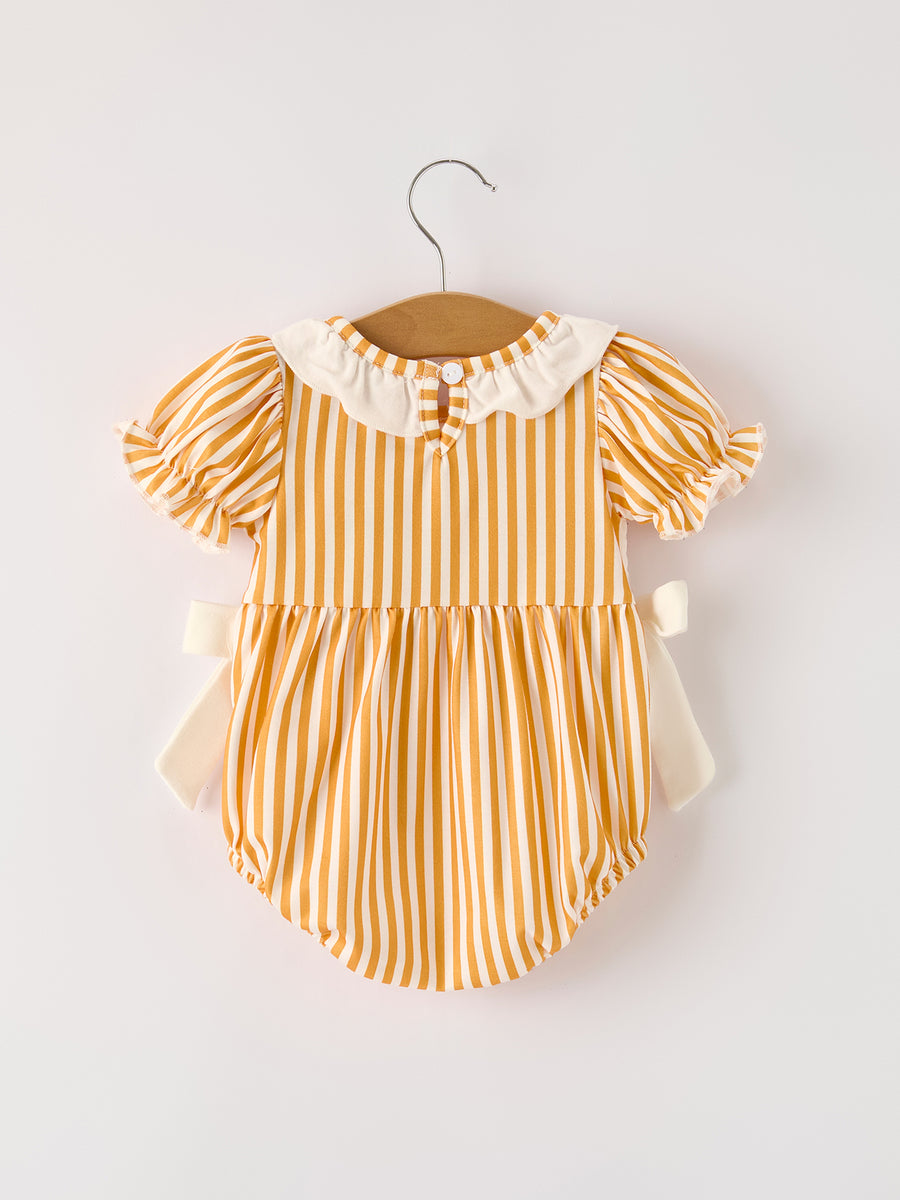 Fall Thanksgiving Chicken Smock Embroidered Orange Stripes Baby Girl Romper