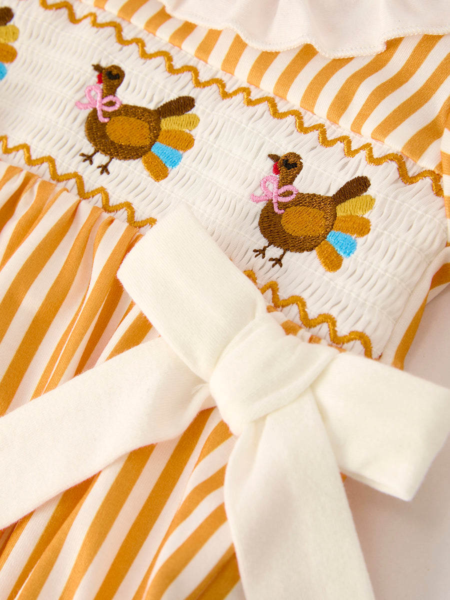 Fall Thanksgiving Chicken Smock Embroidered Orange Stripes Baby Girl Romper