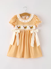 Fall Thanksgiving Orange Pumpkin Smock Embroidery Baby Girl Dress