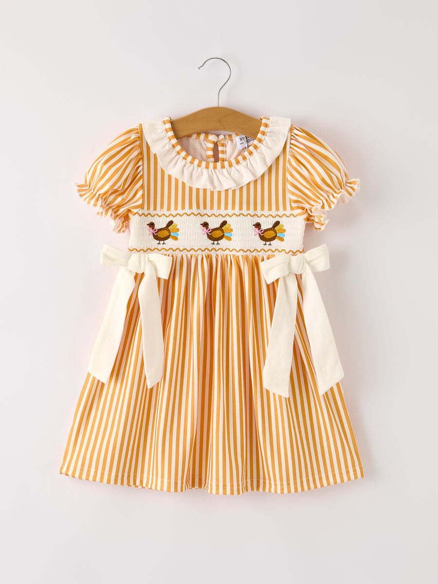 Fall Thanksgiving Orange Pumpkin Smock Embroidery Baby Girl Dress