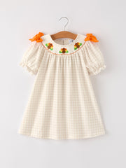 Fall Thanksgiving Apricot Plaid Turkey Embroidery Smocking Baby Girls Dress