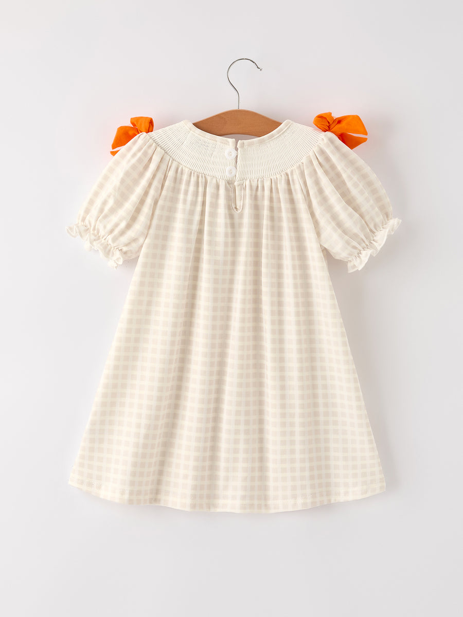 Fall Thanksgiving Apricot Plaid Turkey Embroidery Smocking Baby Girls Dress
