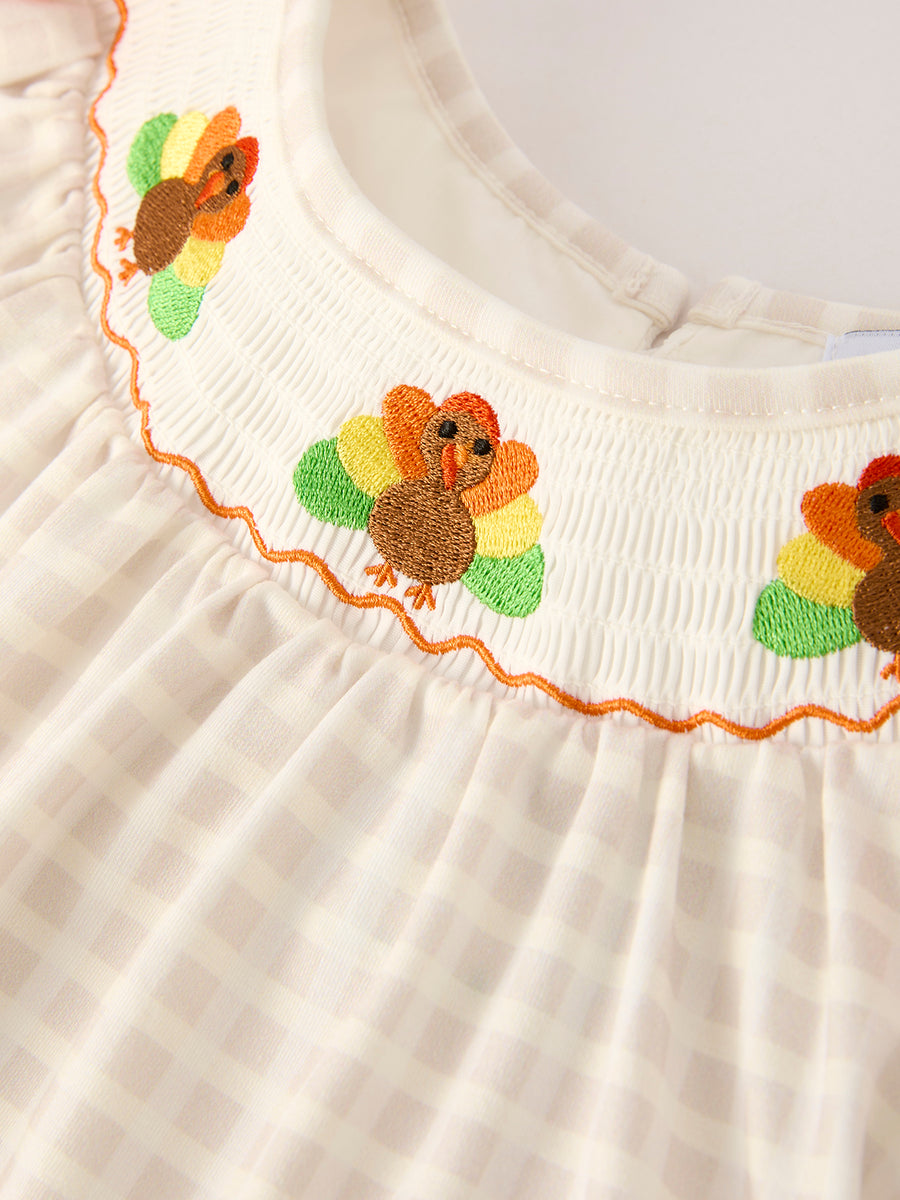 Fall Thanksgiving Apricot Plaid Turkey Embroidery Smocking Baby Girls Dress