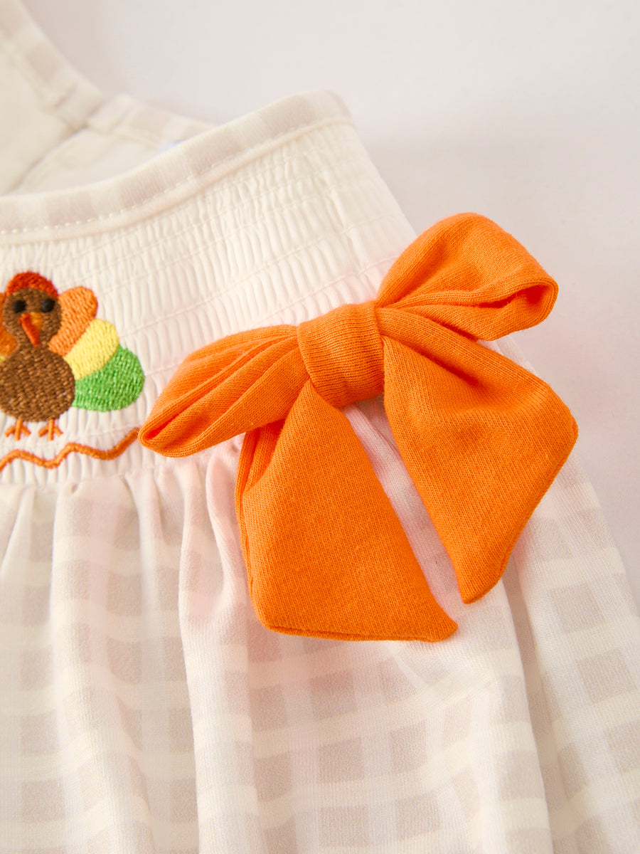 Fall Thanksgiving Apricot Plaid Turkey Embroidery Smocking Baby Girls Dress