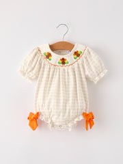 Fall Thanksgiving Apricot Plaid Turkey Embroidery Smocking Baby Girls Romper
