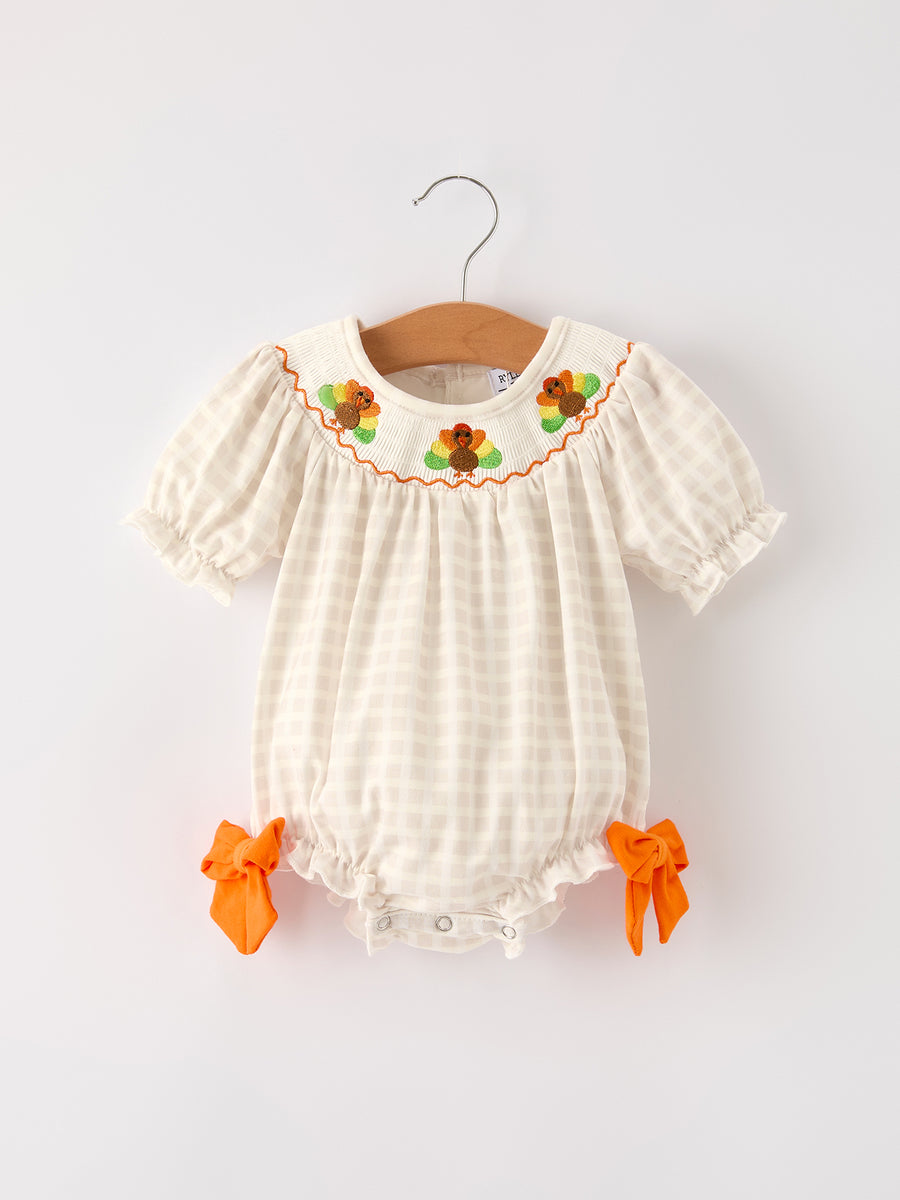 Fall Thanksgiving Apricot Plaid Turkey Embroidery Smocking Baby Girls Romper