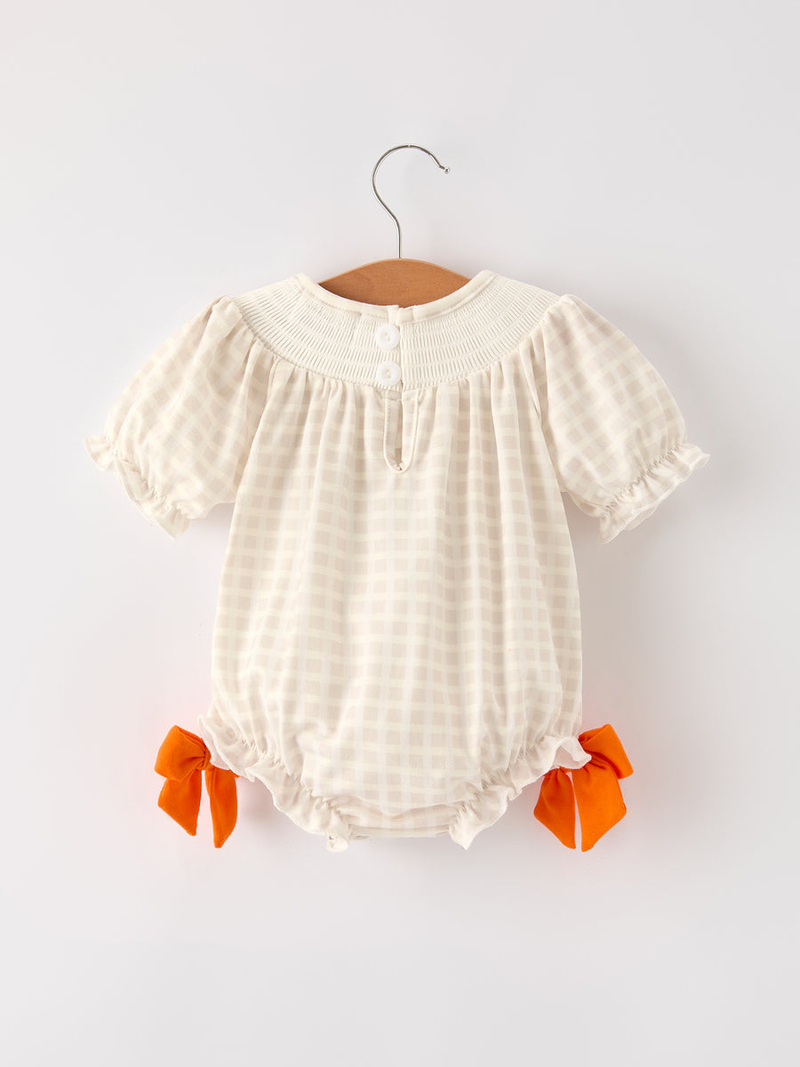 Fall Thanksgiving Apricot Plaid Turkey Embroidery Smocking Baby Girls Romper