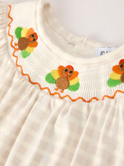 Fall Thanksgiving Apricot Plaid Turkey Embroidery Smocking Baby Girls Romper