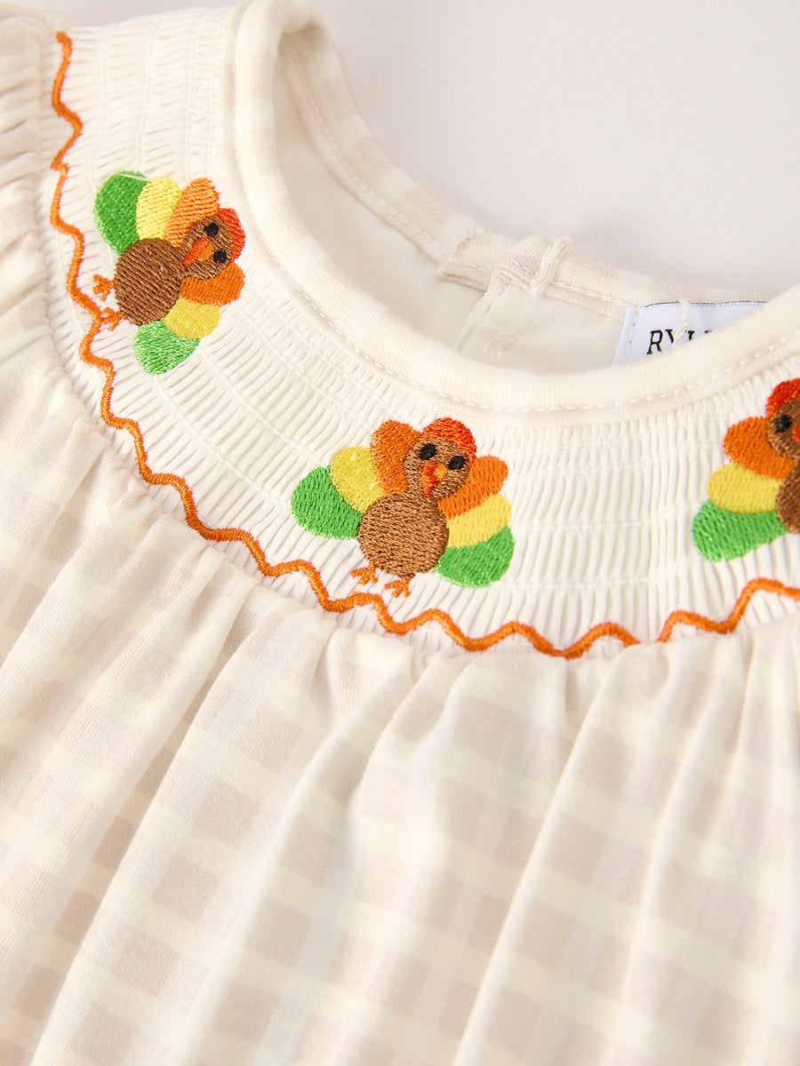 Fall Thanksgiving Apricot Plaid Turkey Embroidery Smocking Baby Girls Romper