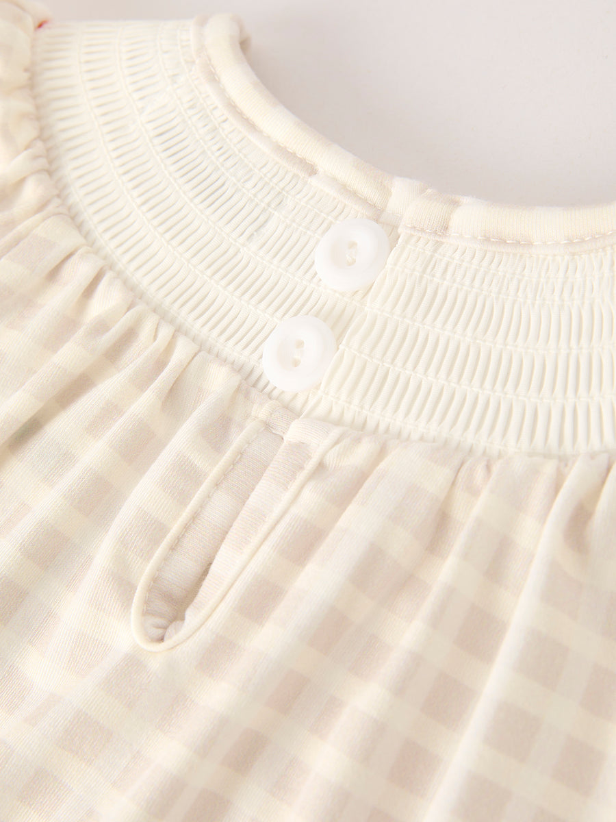 Fall Thanksgiving Apricot Plaid Turkey Embroidery Smocking Baby Girls Romper