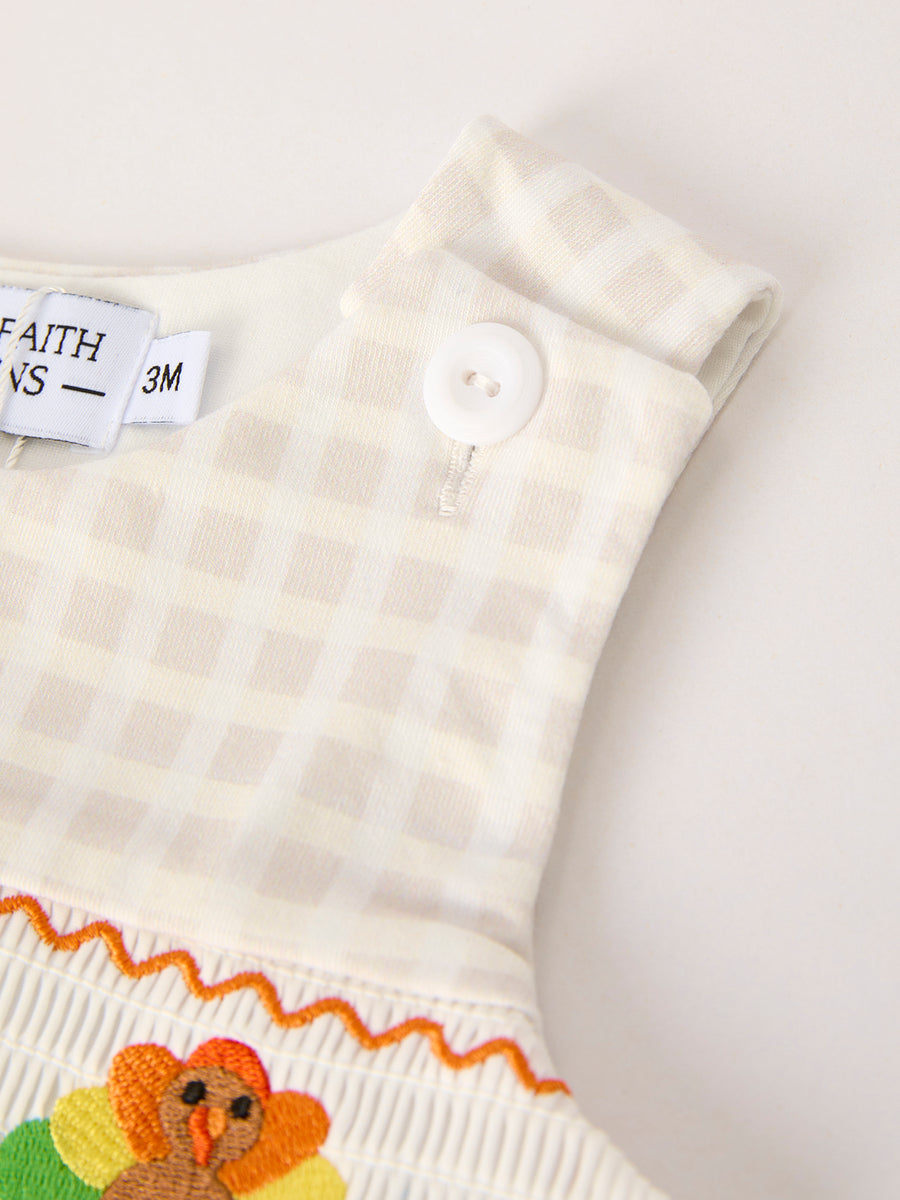Fall Thanksgiving Apricot Plaid Turkey Embroidery Smocking Boys Romper