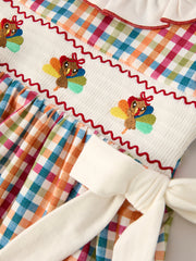 Fall Thanksgiving Color Plaid Chick Embroidery Smocking Girls Dress