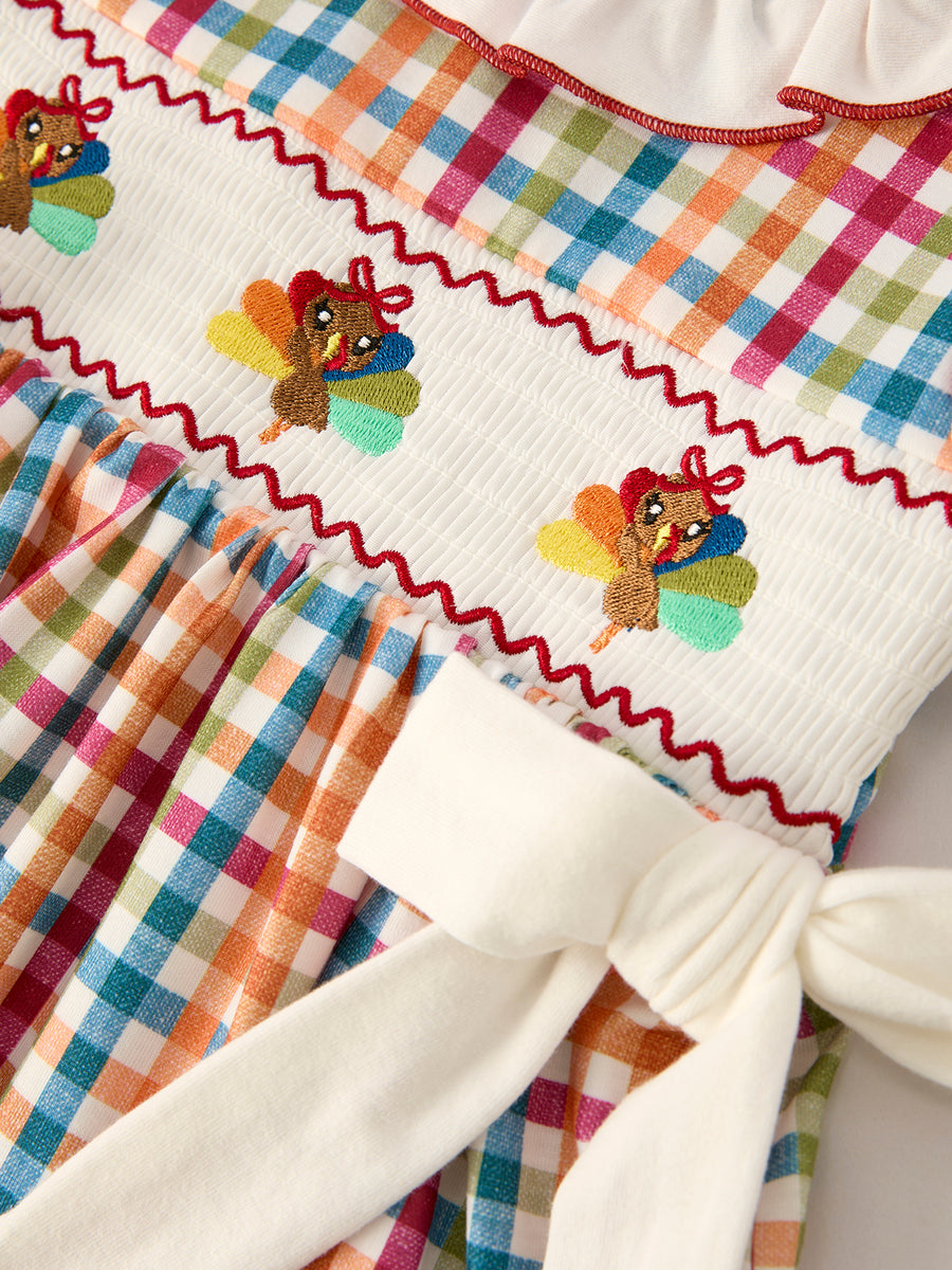 Fall Thanksgiving Color Plaid Chick Embroidery Smocking Girls Dress