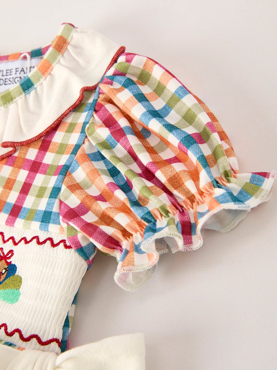 Fall Thanksgiving Color Plaid Chick Embroidery Smocking Girls Dress