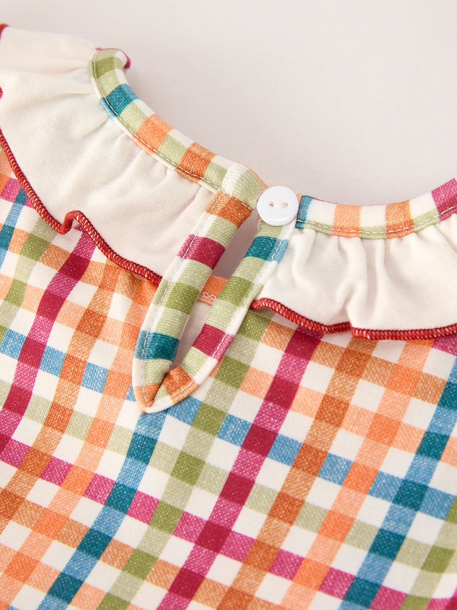 Fall Thanksgiving Color Plaid Chick Embroidery Smocking Girls Dress