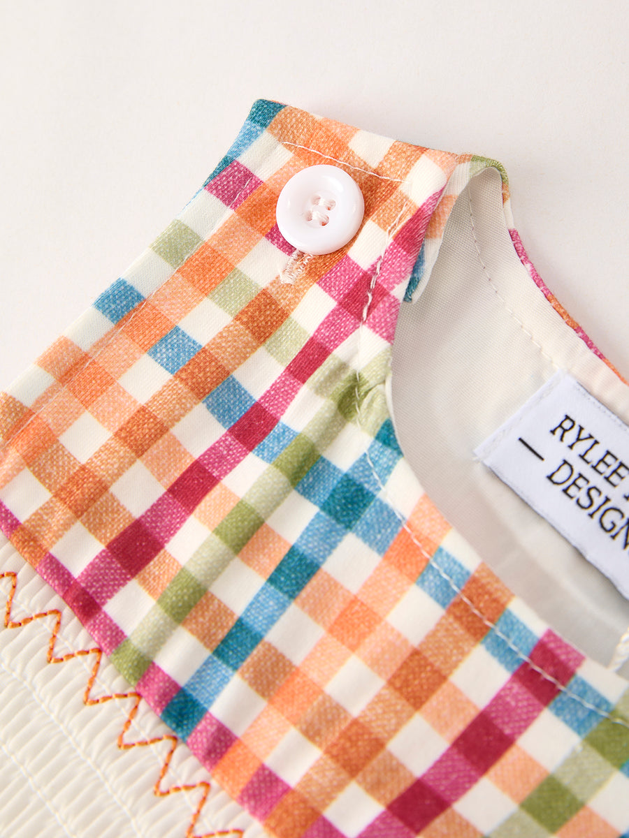 Fall Thanksgiving Color Plaid Chick Embroidery Smocking Baby Boys Romper