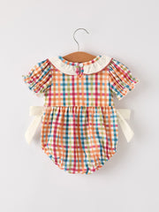 Fall Thanksgiving Color Plaid Chick Embroidery Smocking Baby Girls Romper