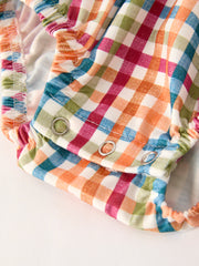 Fall Thanksgiving Color Plaid Chick Embroidery Smocking Baby Girls Romper