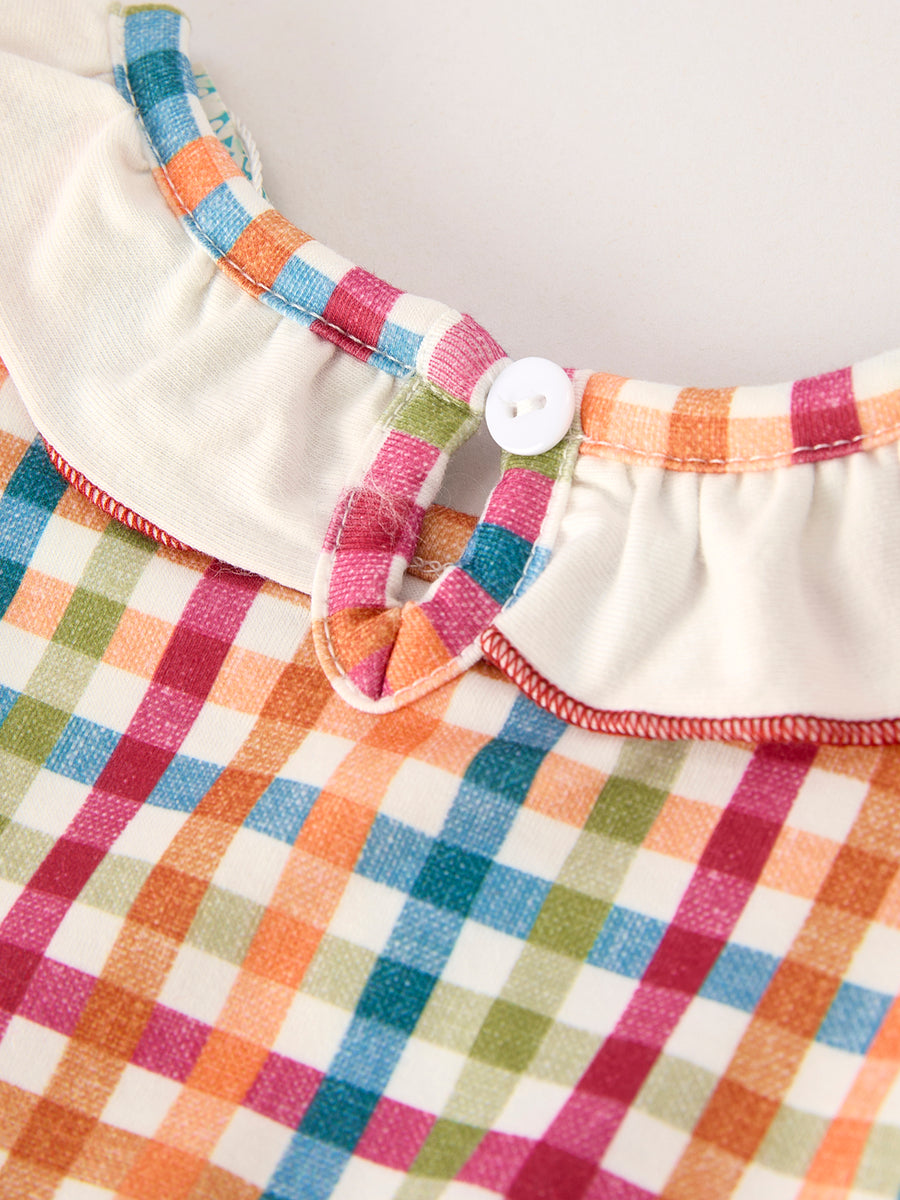 Fall Thanksgiving Color Plaid Chick Embroidery Smocking Baby Girls Romper