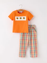 Fall Thanksgiving Color Plaid Chick Embroidery Smocking Boys Set