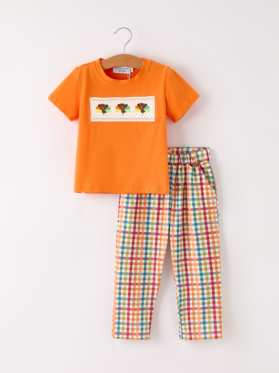 Fall Thanksgiving Color Plaid Chick Embroidery Smocking Boys Set
