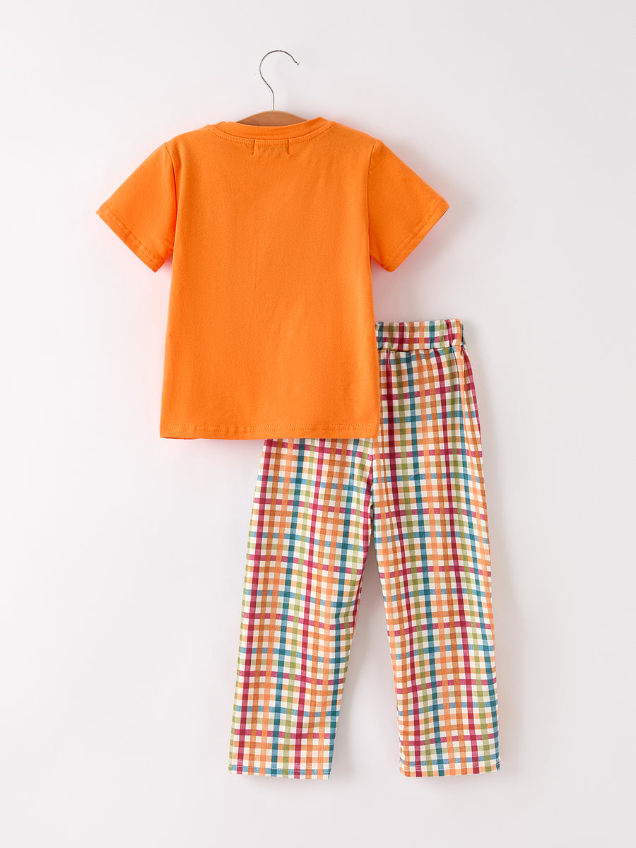 Fall Thanksgiving Color Plaid Chick Embroidery Smocking Boys Set