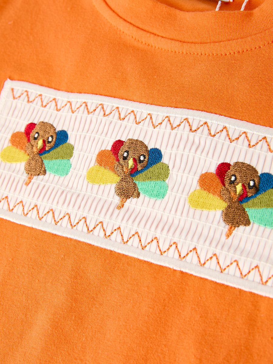 Fall Thanksgiving Color Plaid Chick Embroidery Smocking Boys Set